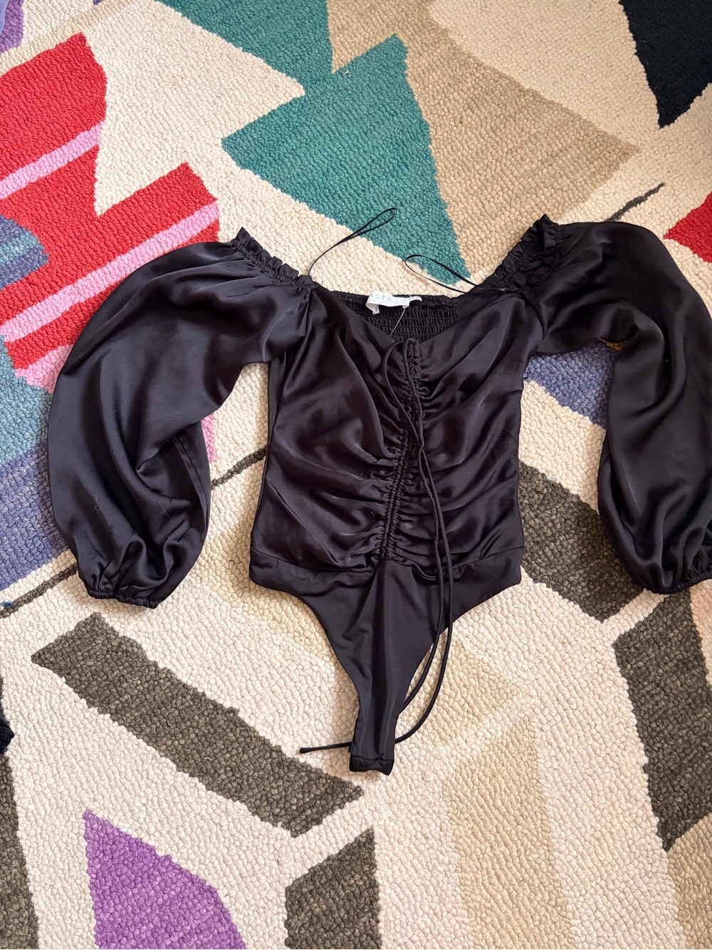 Astr Black Satin Ruched Puff-Sleeve Bodysuit